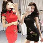 Short-sleeve Floral Embroidered Mini Bodycon Qipao