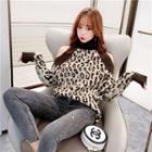 Leopard Print Cold-shoulder Knit Top Coffee - One Size