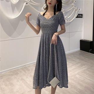 Halter Short-sleeve Glitter Midi Dress