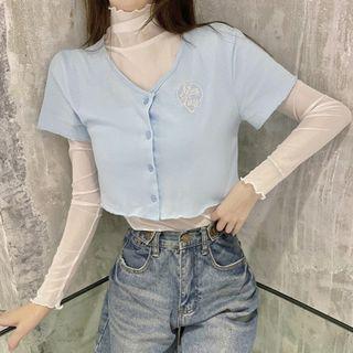 Long-sleeve Mesh Top / Short-sleeve Letter Embroidered Cropped T-shirt