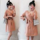 3/4-sleeve Sashed Shift Dress