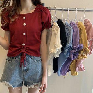 Puff-sleeve Drawstring Cropped Knit Top