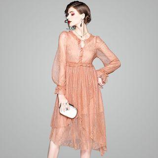 Set: Slipdress + Lace Long-sleeve Midi A-line Dress