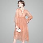 Set: Slipdress + Lace Long-sleeve Midi A-line Dress