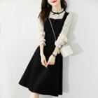 Long-sleeve Lace Panel Two-tone A-line Dress