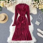 Long-sleeve Ruffled Rhinestone Midi A-line Dress