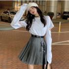 Long-sleeve Paneled T-shirt / Mini A-line Pleated Skirt