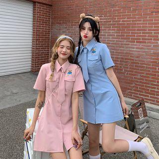 Short-sleeve Bear Embroidered Mini Sheath Shirtdress