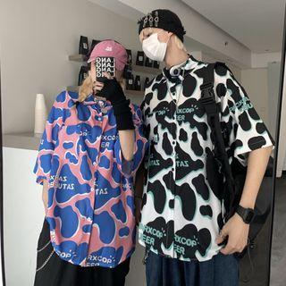 Couple Matching Short-sleeve Cow Stripe Lettering Button-up Shirt