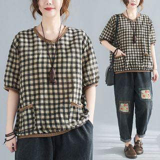 Elbow-sleeve Check V-neck T-shirt Coffee - One Size