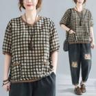 Elbow-sleeve Check V-neck T-shirt Coffee - One Size