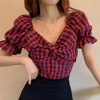 Plaid Twisted Short-sleeve Blouse