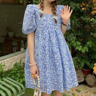 Puff-sleeve Floral Print Tie-back A-line Dress