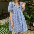 Puff-sleeve Floral Print Tie-back A-line Dress