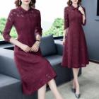 Elbow-sleeve Collared Lace Midi A-line Dress