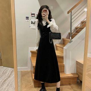 Lace Blouse / Spaghetti Strap Velvet Dress