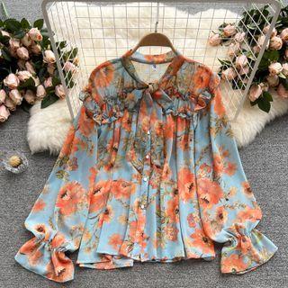 Puff-sleeve Floral Long-sleeve Chiffon Top