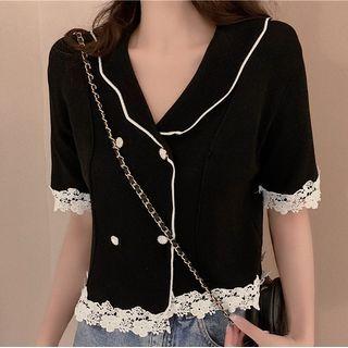 Short-sleeve Double Breasted Knit Top 13002 - Black - One Size