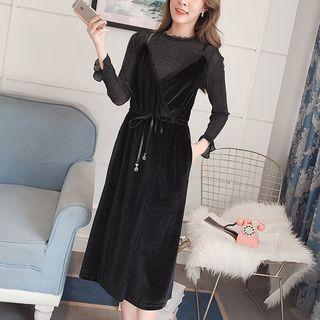 Set: Long-sleeve Mesh Top + Spaghetti Strap Velvet Wrap Midi Dress