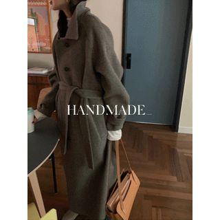 Hidden-button Wool Blend Long Coat With Sash