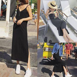 Plain Side-slit Midi Spaghetti Strap Dress