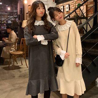 Lace Panel Long-sleeve Ruffle-hem Pullover Dress