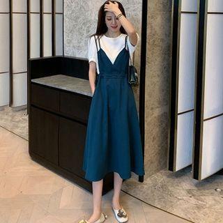 Set Of 2: Puff-sleeve Plain Blouse + Spaghetti-strap V-neck Plain Dress