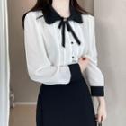 Two-tone Pintuck Blouse With Ribbon