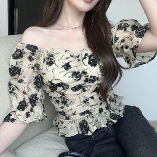 Off-shoulder Floral Print Frill Trim Top