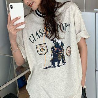 Color Block Print Elbow-sleeve T-shirt