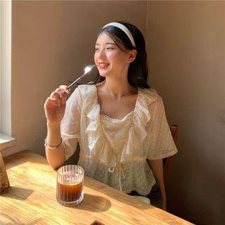 Puff-sleeve Dotted Ruffled Blouse Dots - Almond - One Size