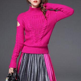 Set: Mock-neck Cutout Sweater + Pleated Midi Skirt