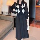 Set: Long-sleeve Button-up Midi A-line Dress + Sweater Vest