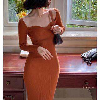 Long-sleeve Square-neck Knit Top / Long-sleeve Square-neck Knit Midi Sheath Dress