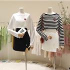 Long-sleeve Striped Heart Embroidered Top