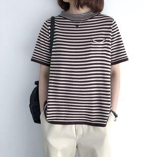 Mock Neck Short-sleeve Striped Knit Top