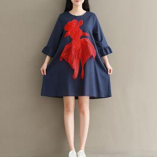 3/4-sleeve Goldfish Applique A-line Dress