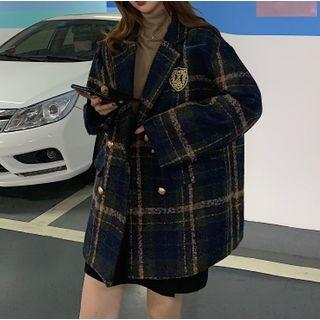 Plaid Woolen Blazer / Turtleneck Long-sleeve Plain T-shirt / A-line Mini Skirt