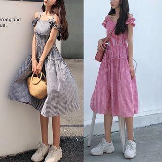 Cut-out Shoulder Checked Dress
