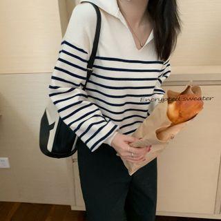 Collared Striped Sweater Blue Stripes - White - One Size