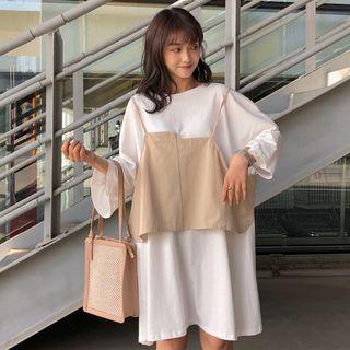 Set: Long-sleeve T-shirt Dress + Spaghetti-strap Asymmetrical Top