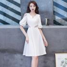 Elbow-sleeve Mesh Panel Midi Prom Dress