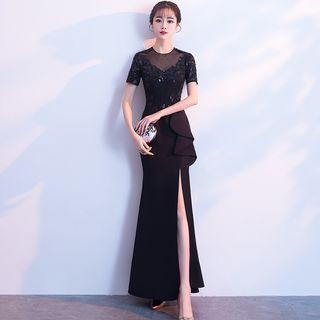 Short-sleeve Side Slit Sheath Evening Gown