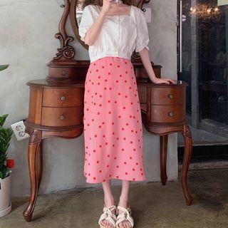 Lace Trim Elbow-sleeve Blouse / Dotted Midi A-line Skirt