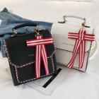 Bow Charm Striped Trim Faux Leather Backpack