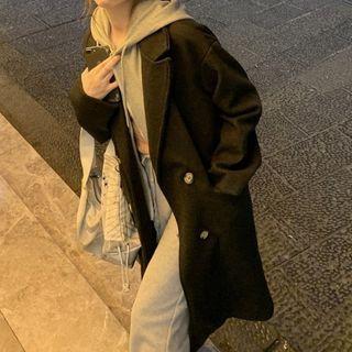 Mock Two-piece Double Breasted Long Coat Black - One Size