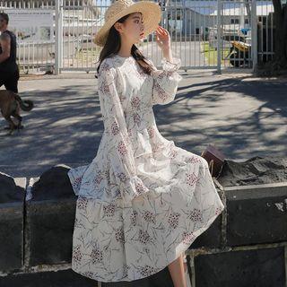 Floral Long-sleeve Tiered Midi Dress