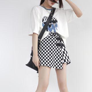 Elbow-sleeve Heart Print T-shirt / Checkerboard Mini Skirt