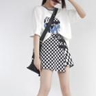 Elbow-sleeve Heart Print T-shirt / Checkerboard Mini Skirt