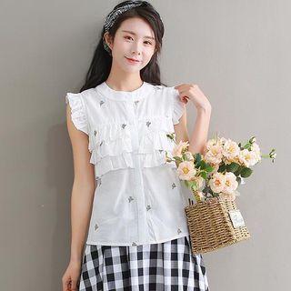 Cactus Embroidered Sleeveless Frill Trim Blouse White - One Size